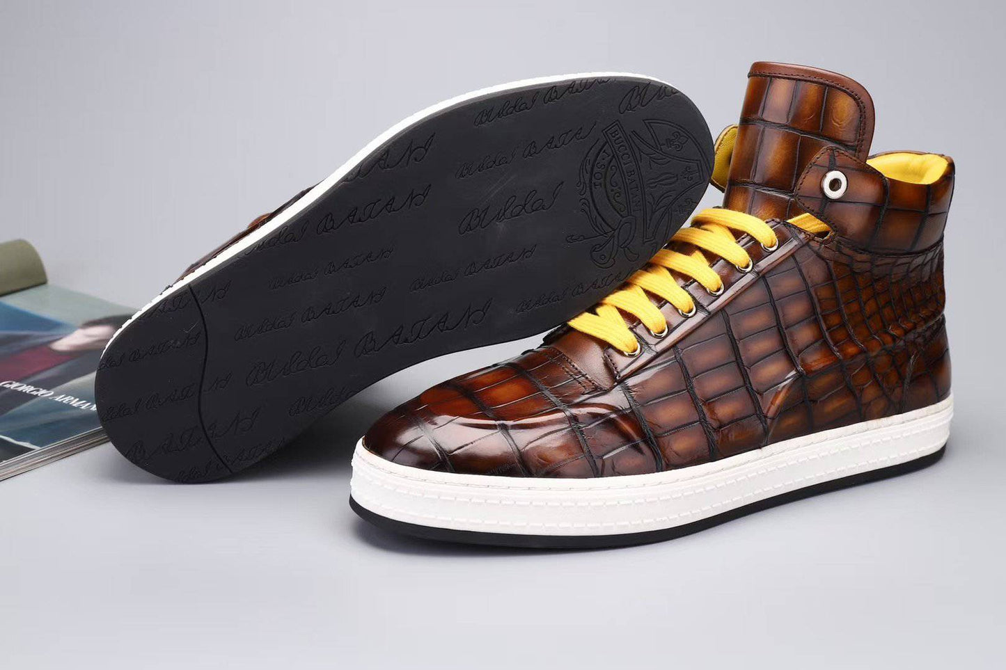 Crocodile Shoes Men's Sneakers , Genuine Crocodile Skin Leather High Heel Sneakers Grey,Brown
