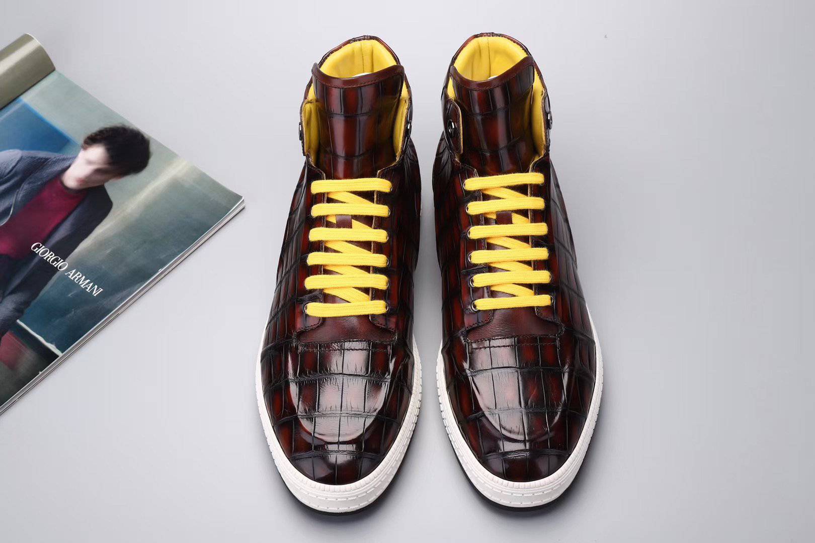 Crocodile Shoes Men's Sneakers , Genuine Crocodile Skin Leather High Heel Sneakers Wine Red