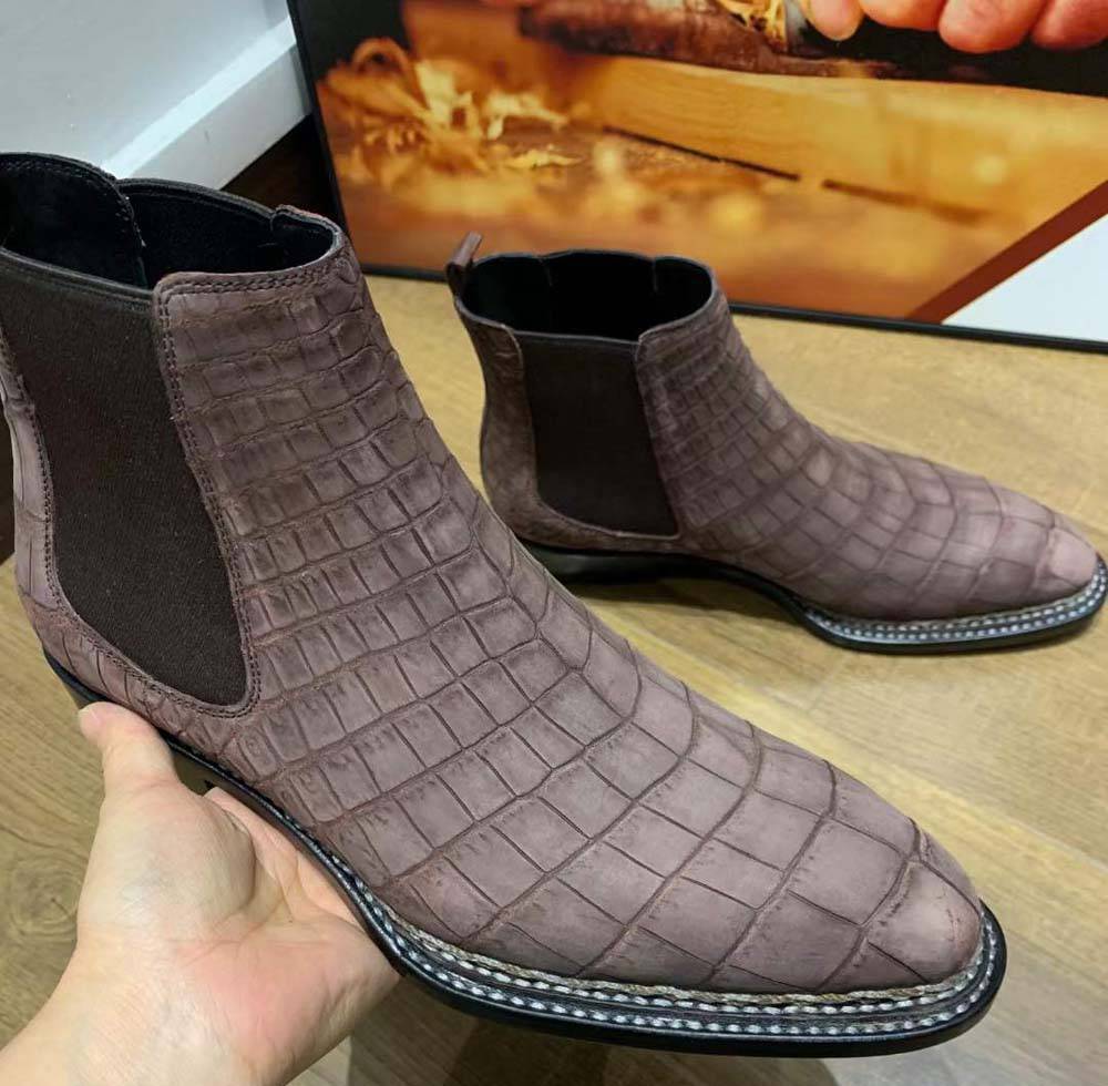 Men's handmade Crocodile Leather Chelsea Boots with Norwegian stitch detail, made by Rossie Viren, featuring suede crocodile belly leather.