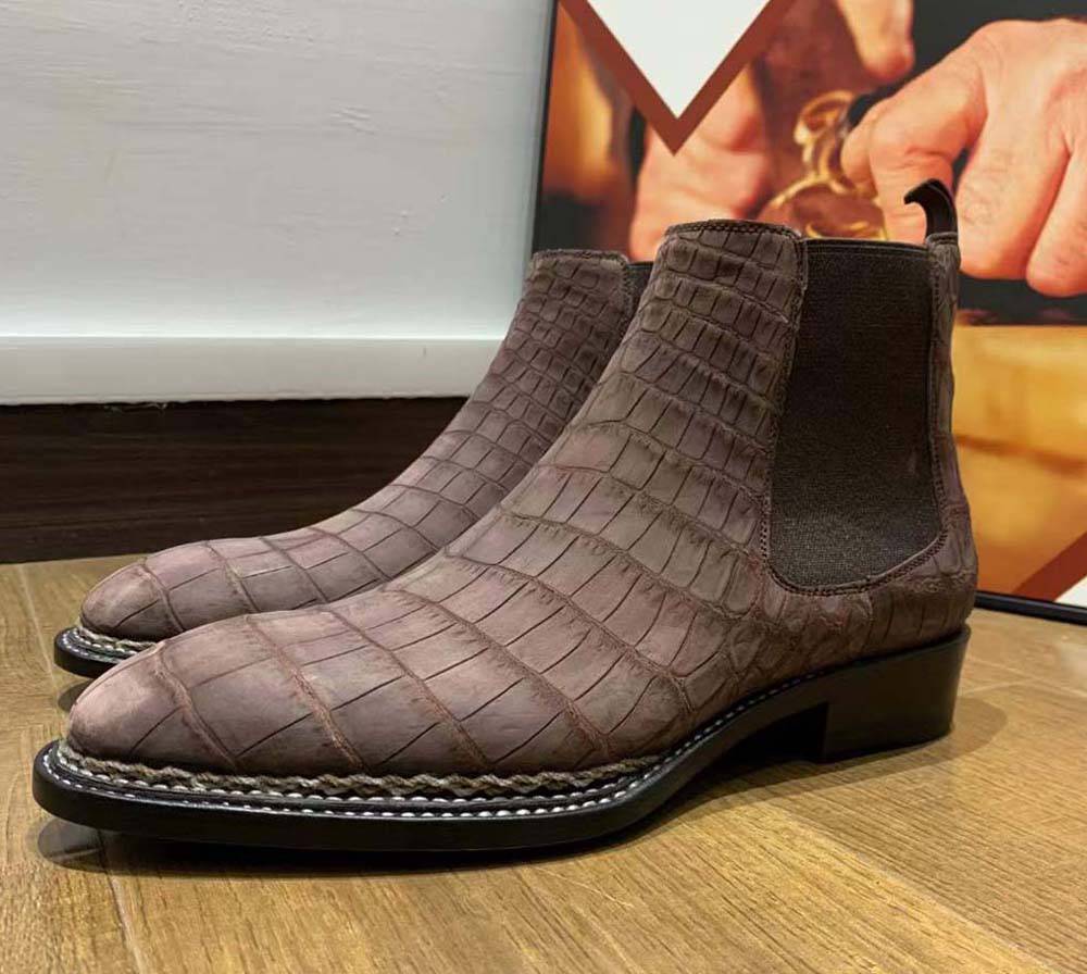 Men's handmade Crocodile Shoes by Rossie Viren, Nubuck Crocodile Leather Chelsea Boots with Norwegian Stitch detailing.