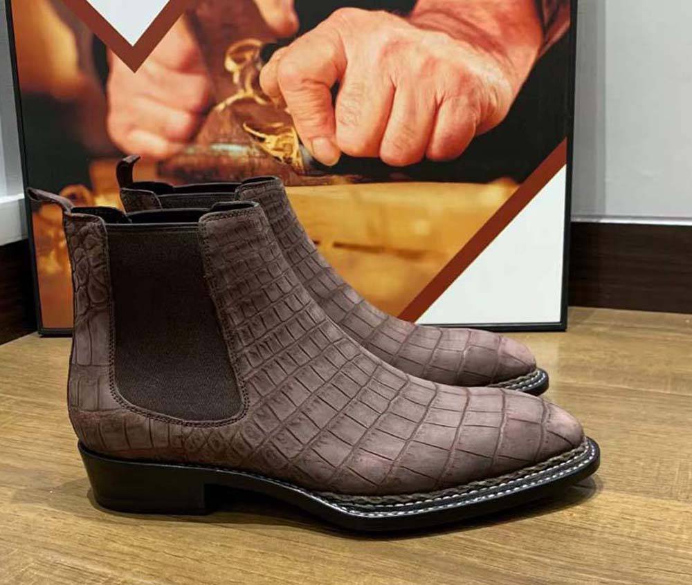 Men's handmade crocodile leather Chelsea boots with Norwegian stitch and nubuck finish by Rossie Viren.