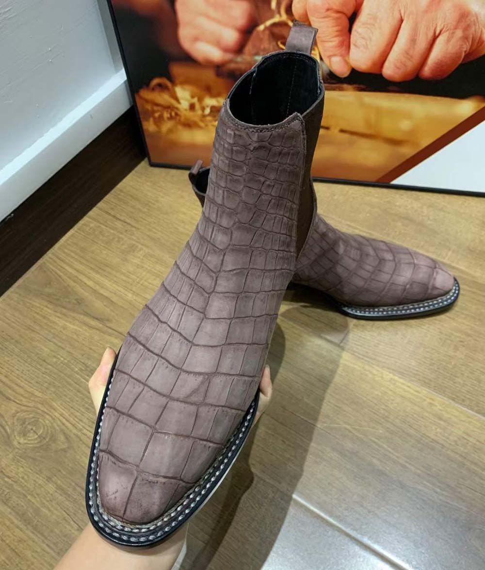 Men's Rossie Viren crocodile leather Chelsea boots with nubuck finish and Norwegian stitch detailing.