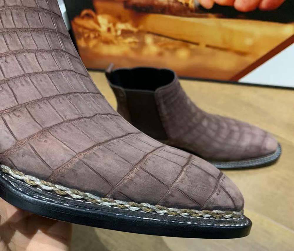 Men's Rossie Viren crocodile leather Chelsea boots with suede finish and Norwegian stitch detailing.