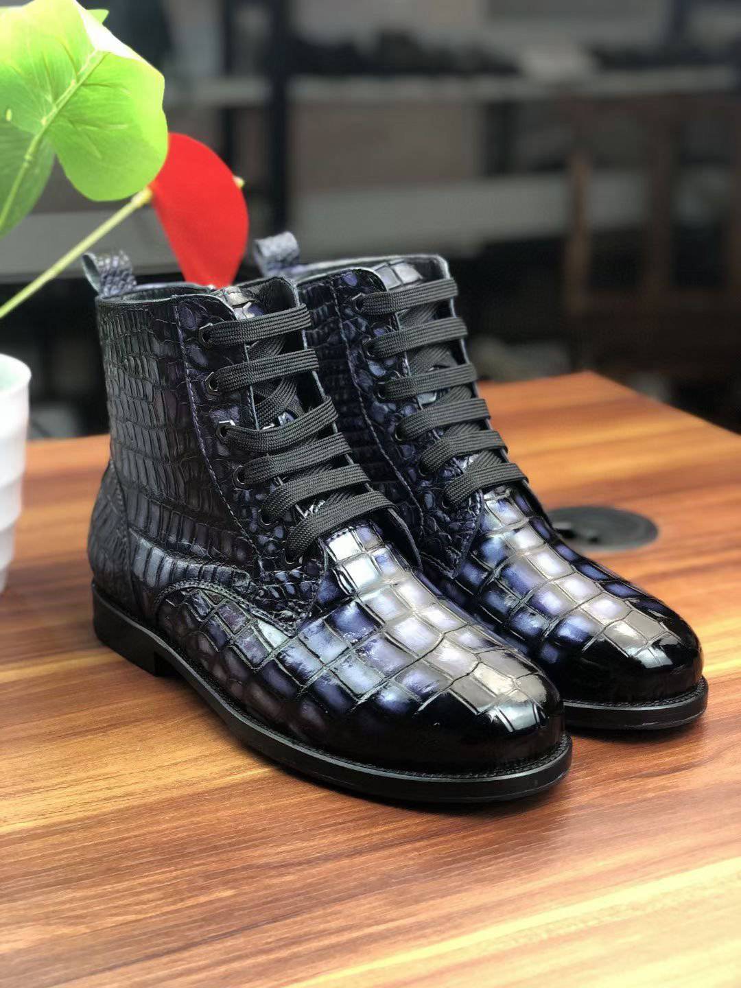 Men's vintage Crocodile Leather lace-up boots by Rossie Viren, featuring detailed crocodile skin texture and classic boot design.