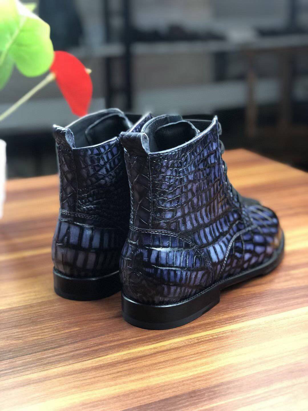 Men's vintage crocodile leather lace-up boots by Rossie Viren, showcasing detailed crocodile texture and classic footwear style.