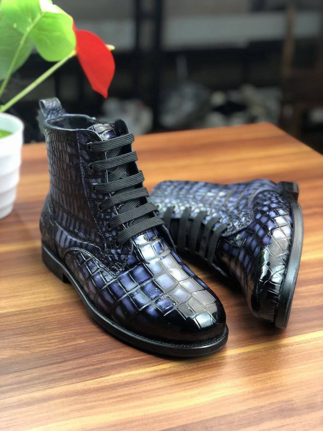 Men's vintage crocodile leather lace-up boots by Rossie Viren, showcasing detailed crocodile texture and classic footwear design.
