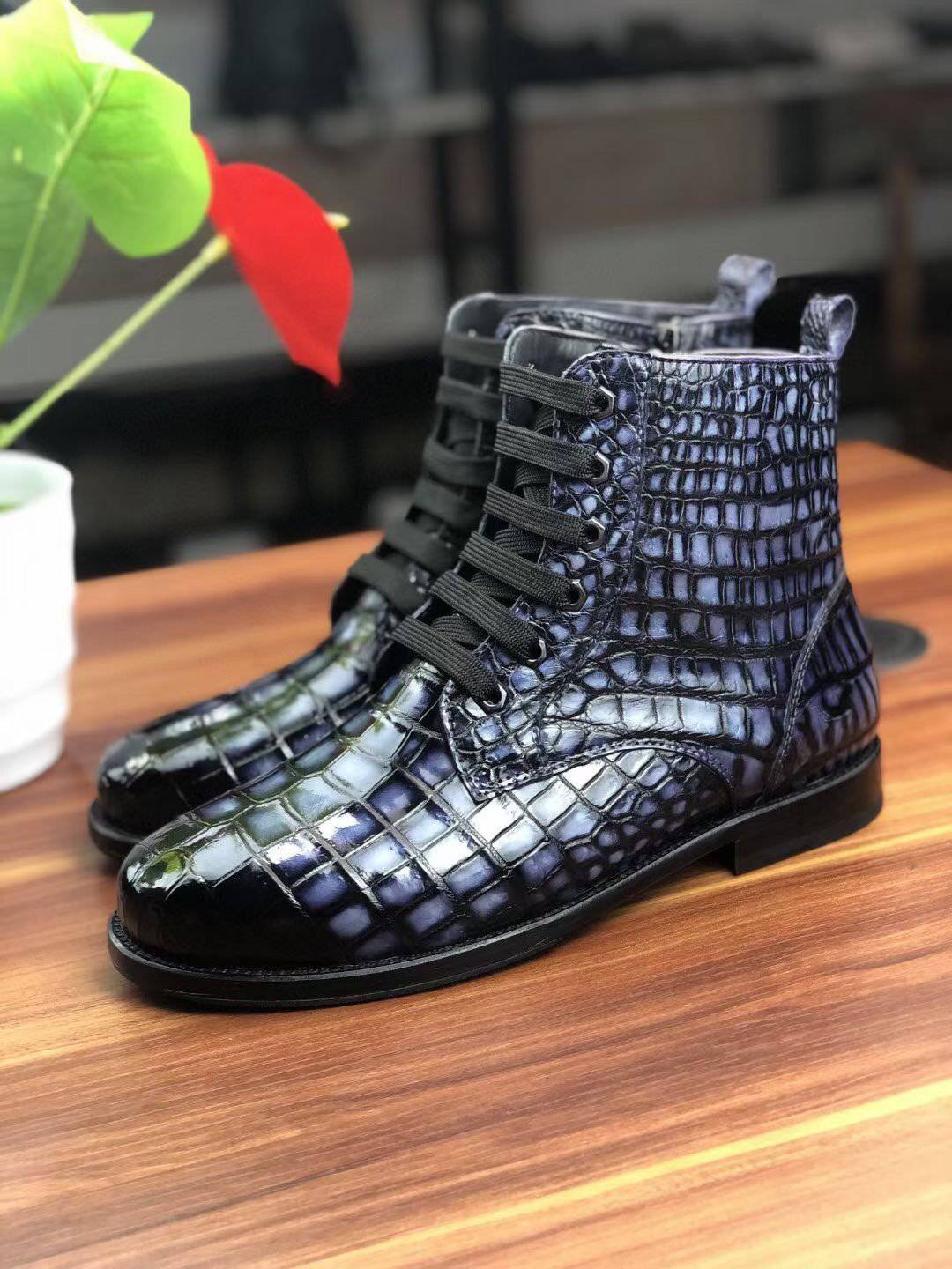 Men's vintage crocodile leather lace-up boots by Rossie Viren, featuring textured crocodile skin and classic ankle-high design.