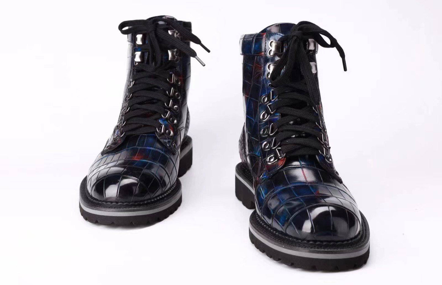 Crocodile Shoes Mens Boots Genuine Crocodile Leather High-top Lace Up  Anti-Slip Boot Vintage Multi Blue