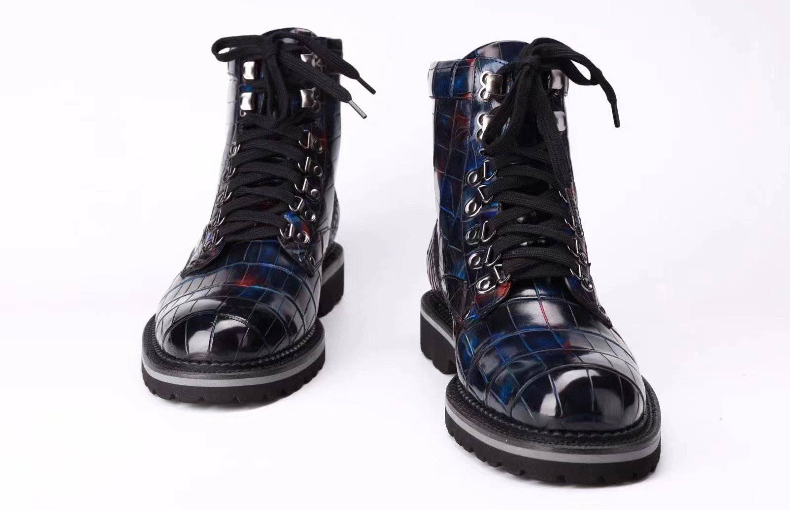 Crocodile Shoes Mens Boots Genuine Crocodile Leather High-top Lace Up  Anti-Slip Boot Vintage Multi Blue