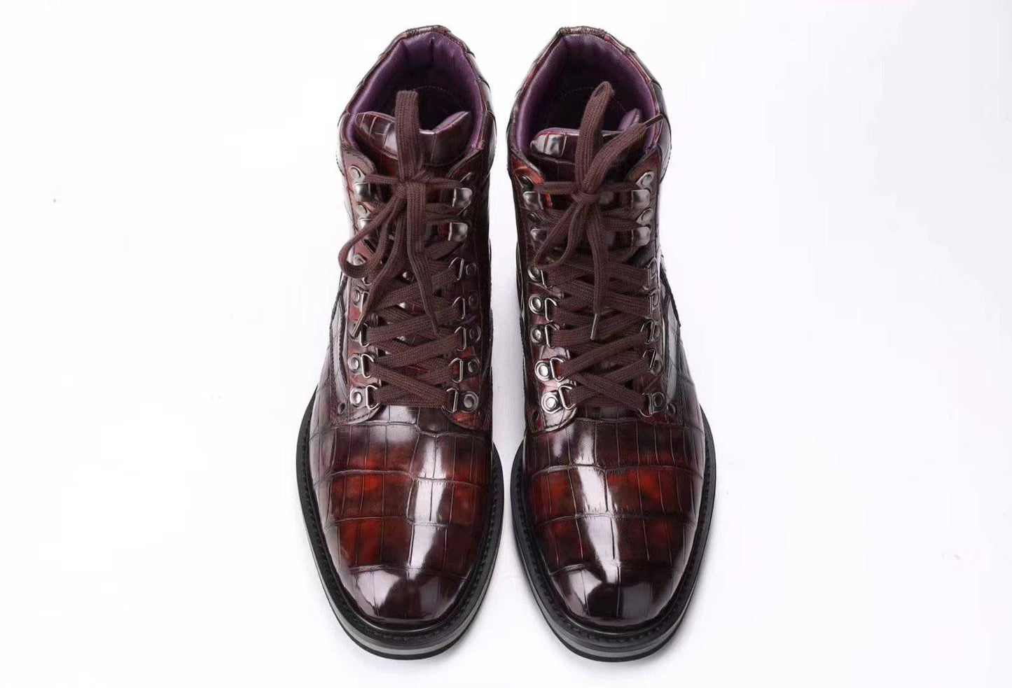 Crocodile Shoes Mens Boots Genuine Crocodile Leather High-top Lace Up  Anti-Slip Boot Vintage Wine Red