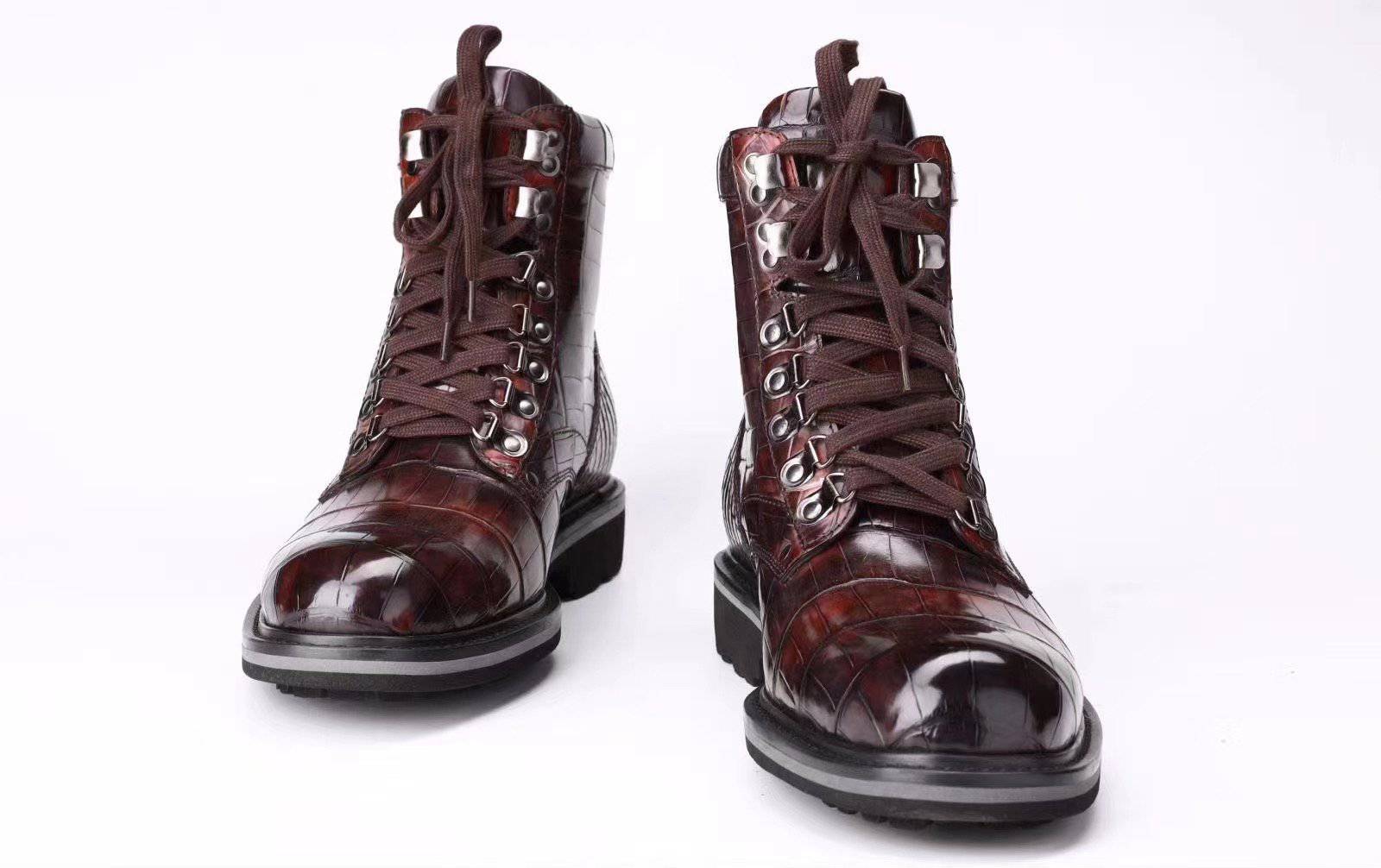Crocodile Shoes Mens Boots Genuine Crocodile Leather High-top Lace Up  Anti-Slip Boot Vintage Wine Red