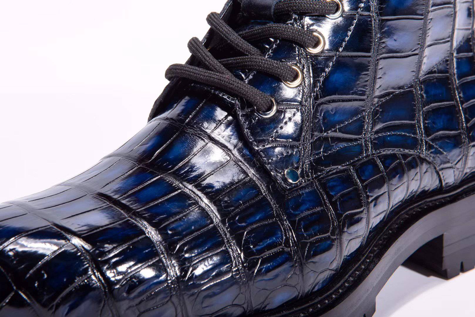 Crocodile Shoes Mens Boots Genuine Crocodile Skin Leather High-top Lace Up  Anti-Slip Boot Vintage Blue