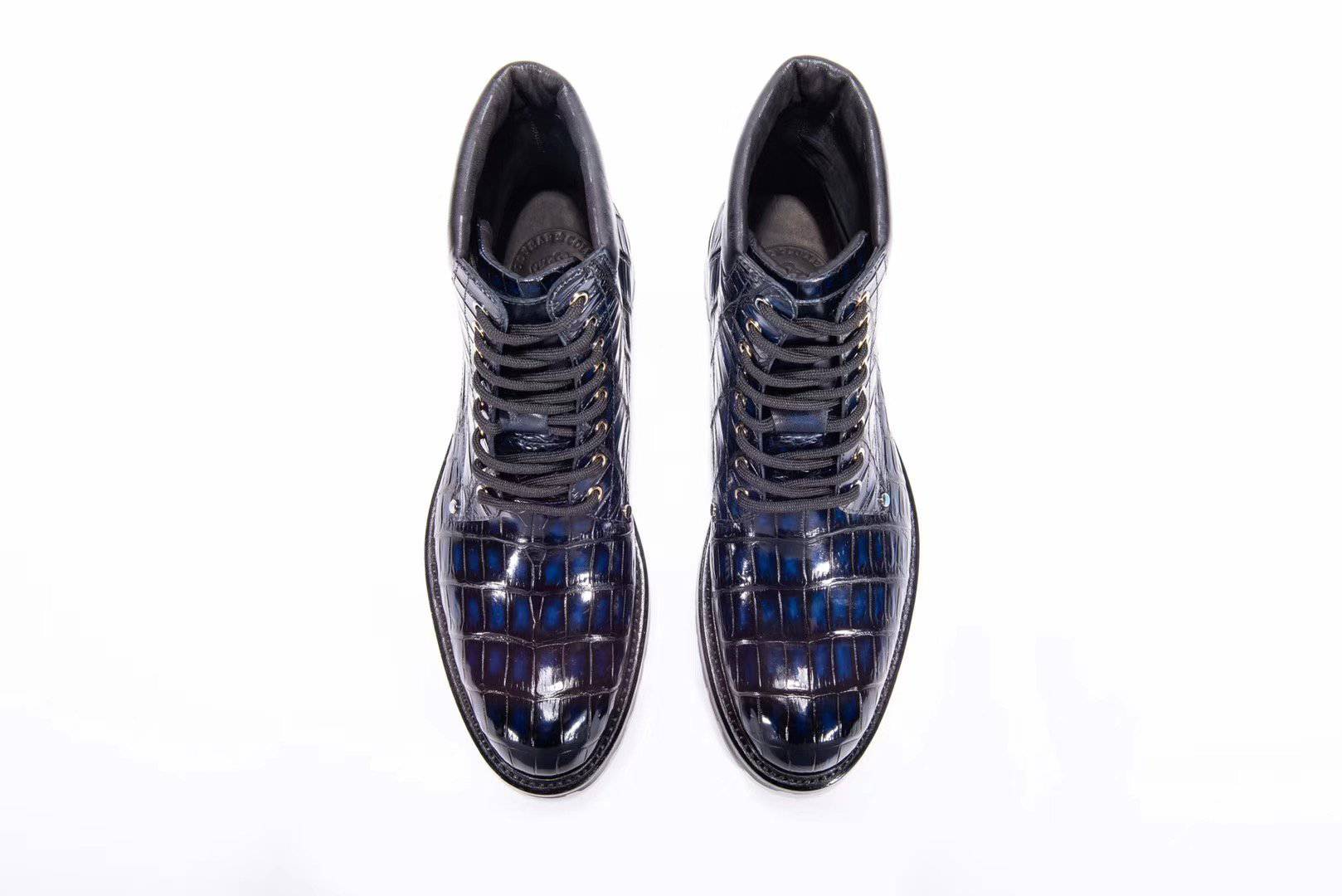 Crocodile Shoes Mens Boots Genuine Crocodile Skin Leather High-top Lace Up  Anti-Slip Boot Vintage Blue