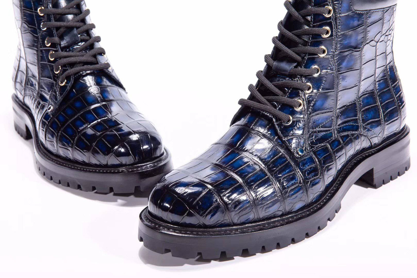 Crocodile Shoes Mens Boots Genuine Crocodile Skin Leather High-top Lace Up  Anti-Slip Boot Vintage Blue