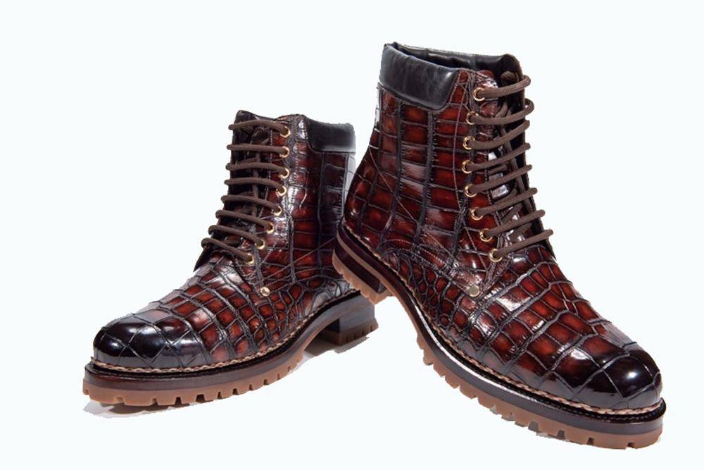 Crocodile Shoes Mens Boots Genuine Crocodile Skin Leather High-top Lace Up  Anti-Slip Boot Wine Red