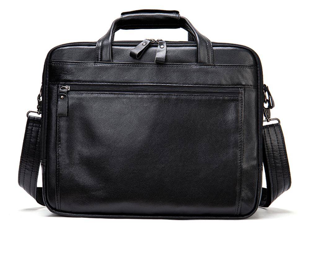 Leather men's briefcase by Rossie Viren, 15-inch laptop messenger shoulder bag with handles and adjustable strap.
