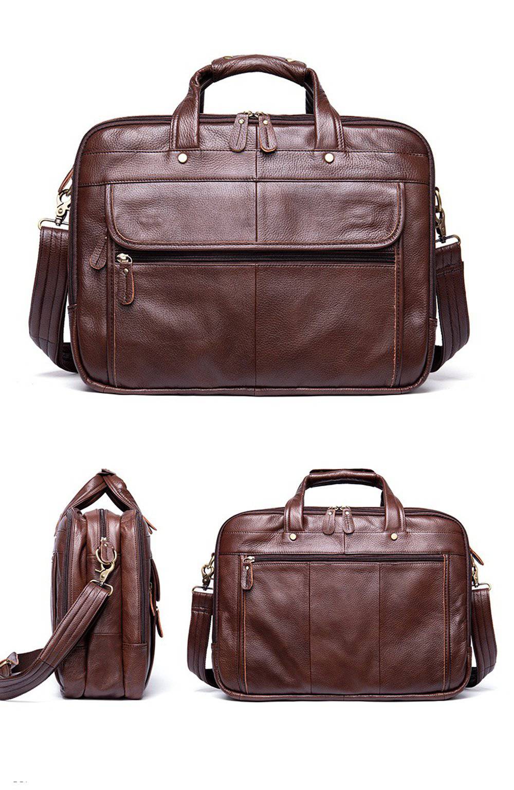 Leather men's briefcase with 15-inch laptop compartment, Rossie Viren messenger shoulder bag, stylish and professional for business use.