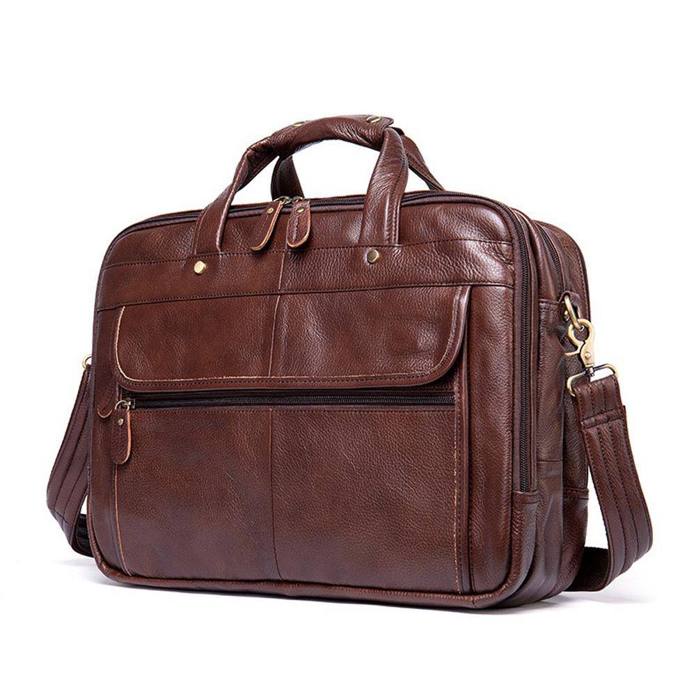 Leather men's briefcase with a 15-inch laptop compartment, Rossie Viren business messenger shoulder bag.