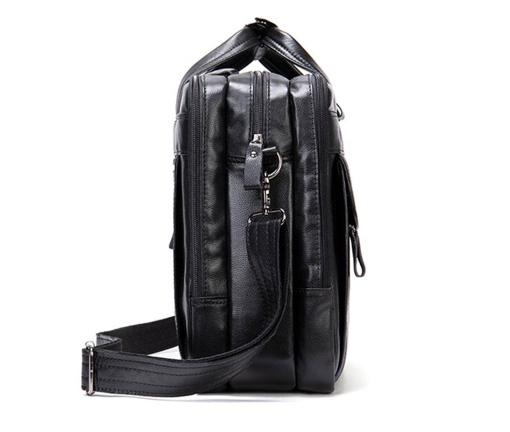 Leather men's briefcase handbag by Rossie Viren with a 15-inch laptop compartment, designed as a stylish shoulder messenger bag.