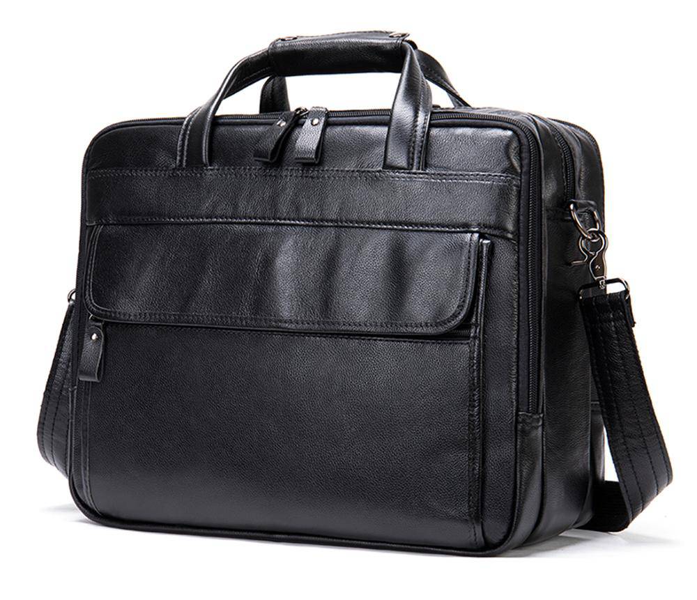 Rossie Viren men's leather briefcase with 15-inch laptop compartment, business messenger shoulder bag, designed for professional use.