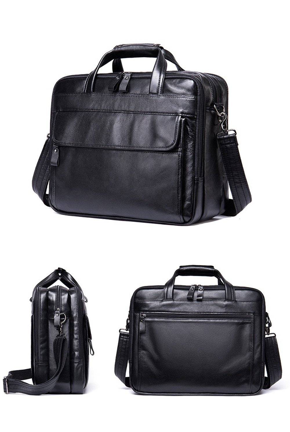 Rossie Viren men's leather briefcase with 15-inch laptop compartment, messenger shoulder bag for business and professional use.