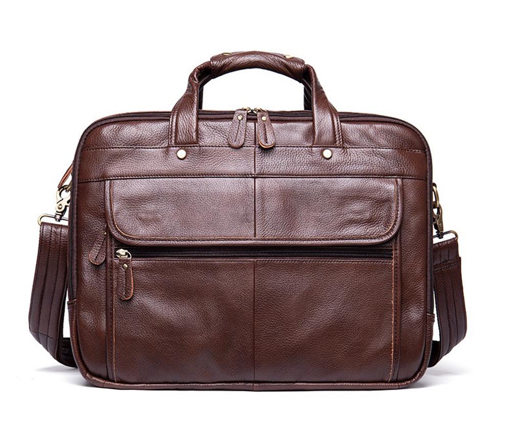 Leather men's briefcase handbag with 15-inch laptop compartment, Rossie Viren business messenger shoulder bag for professionals.