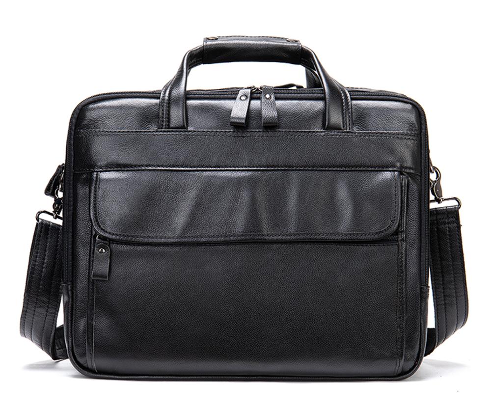 Leather men's briefcase shoulder bag by Rossie Viren, 15-inch laptop messenger handbag with handle and adjustable shoulder strap.
