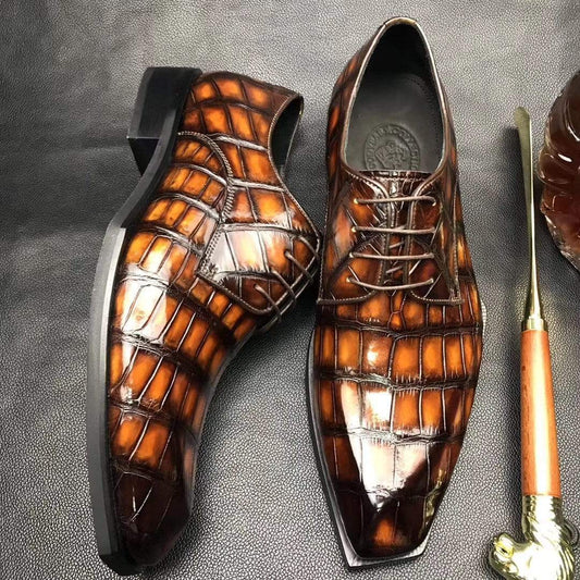 Crocodile Shoes Mens Brushed Vintage Brown Color Square Toe Lace Up Genuine Crocodile Leather Dress Shoe