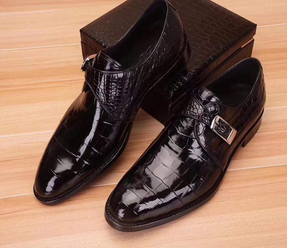 Crocodile Shoes Mens Crocodile  Leather Black Monk Shoes Slip on Smart Loafer