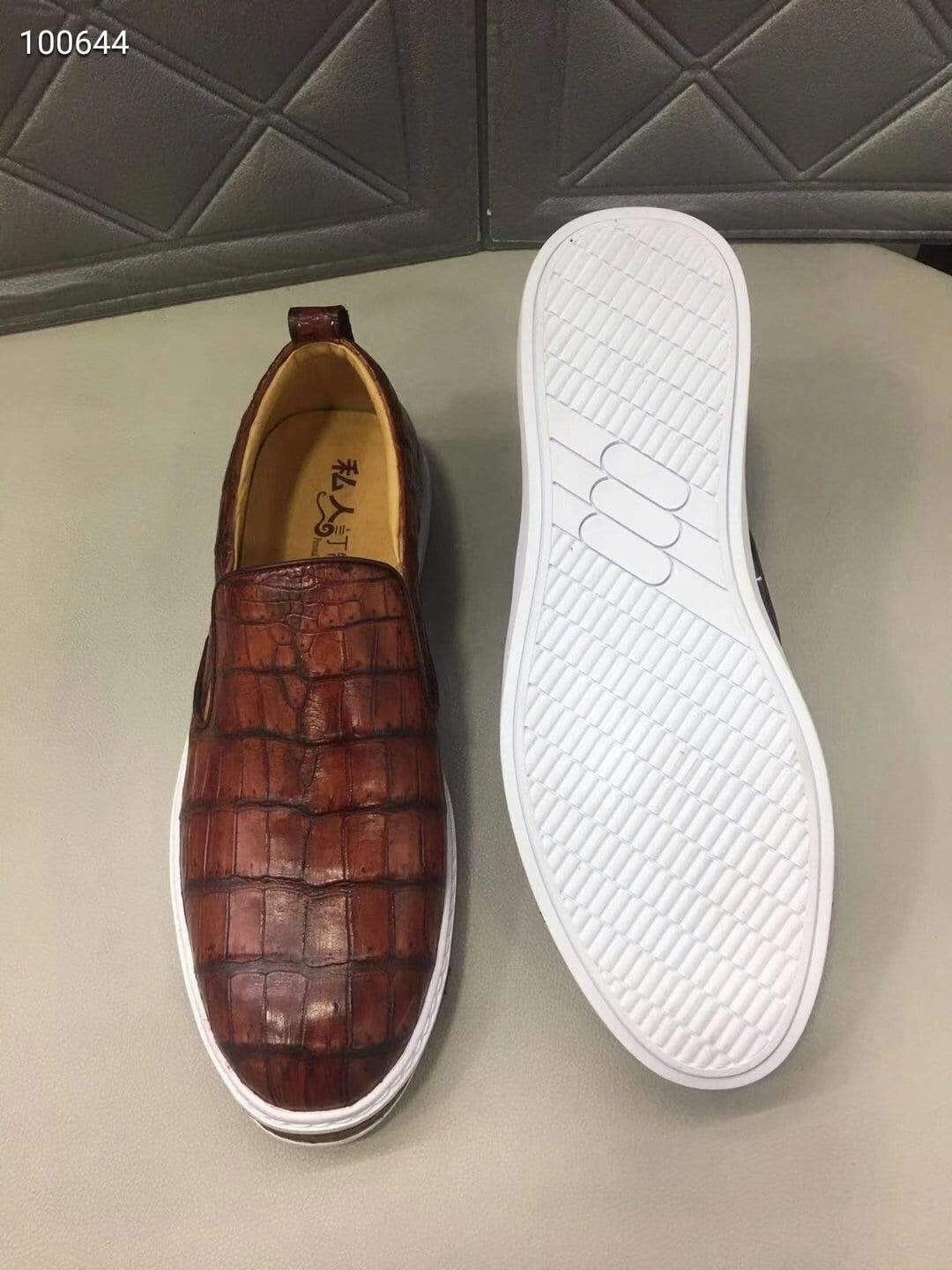 Mens brown crocodile leather driving shoes by Rossie Viren featuring slip-on flat design for comfortable walking.