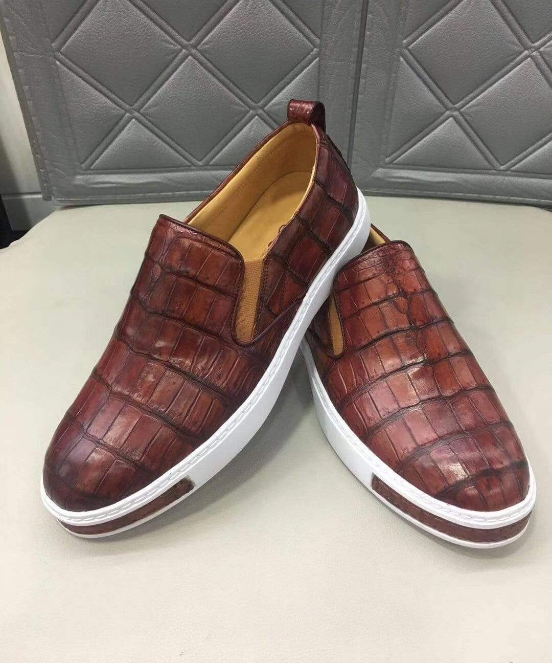 Mens brown crocodile leather driving shoes by Rossie Viren, slip-on flats ideal for walking and casual wear.