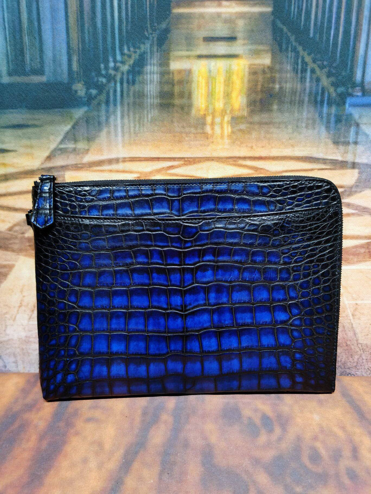 Mens Crocodile Leather Business Zip Clutch Bags Vintage