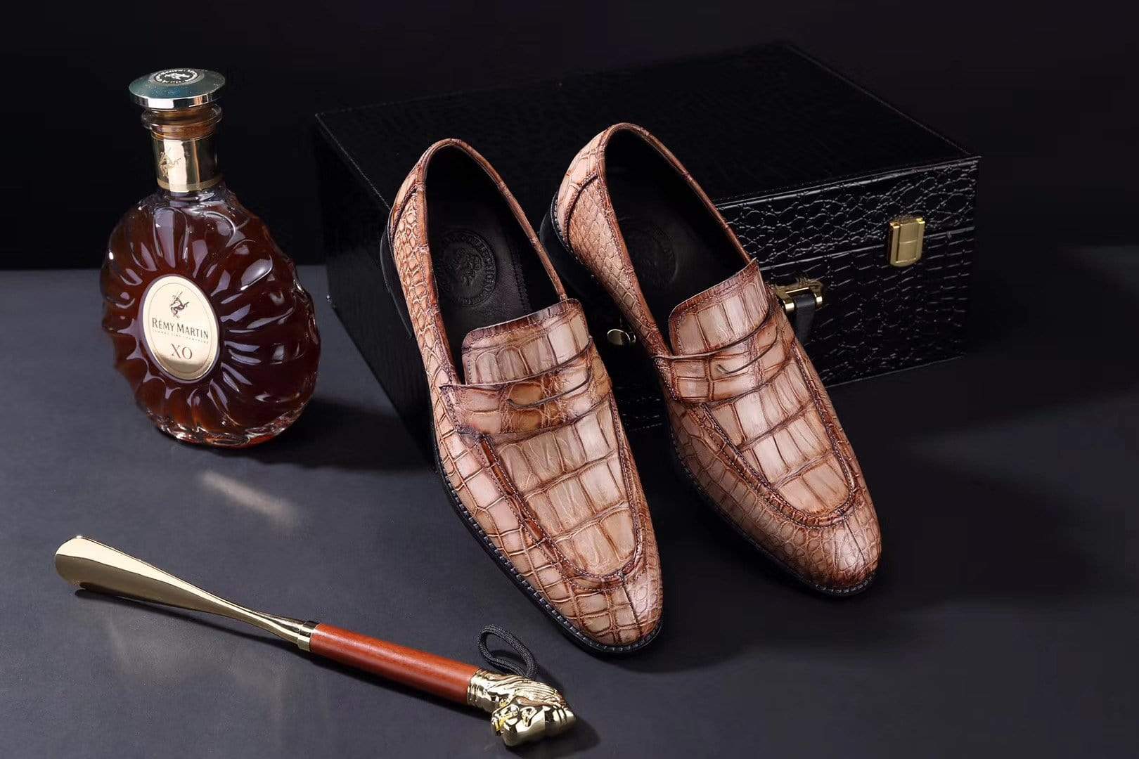 Mens Crocodile Leather Penny Loafer Shoes by Rossie Viren, featuring classic crocodile textured leather and polished finish.