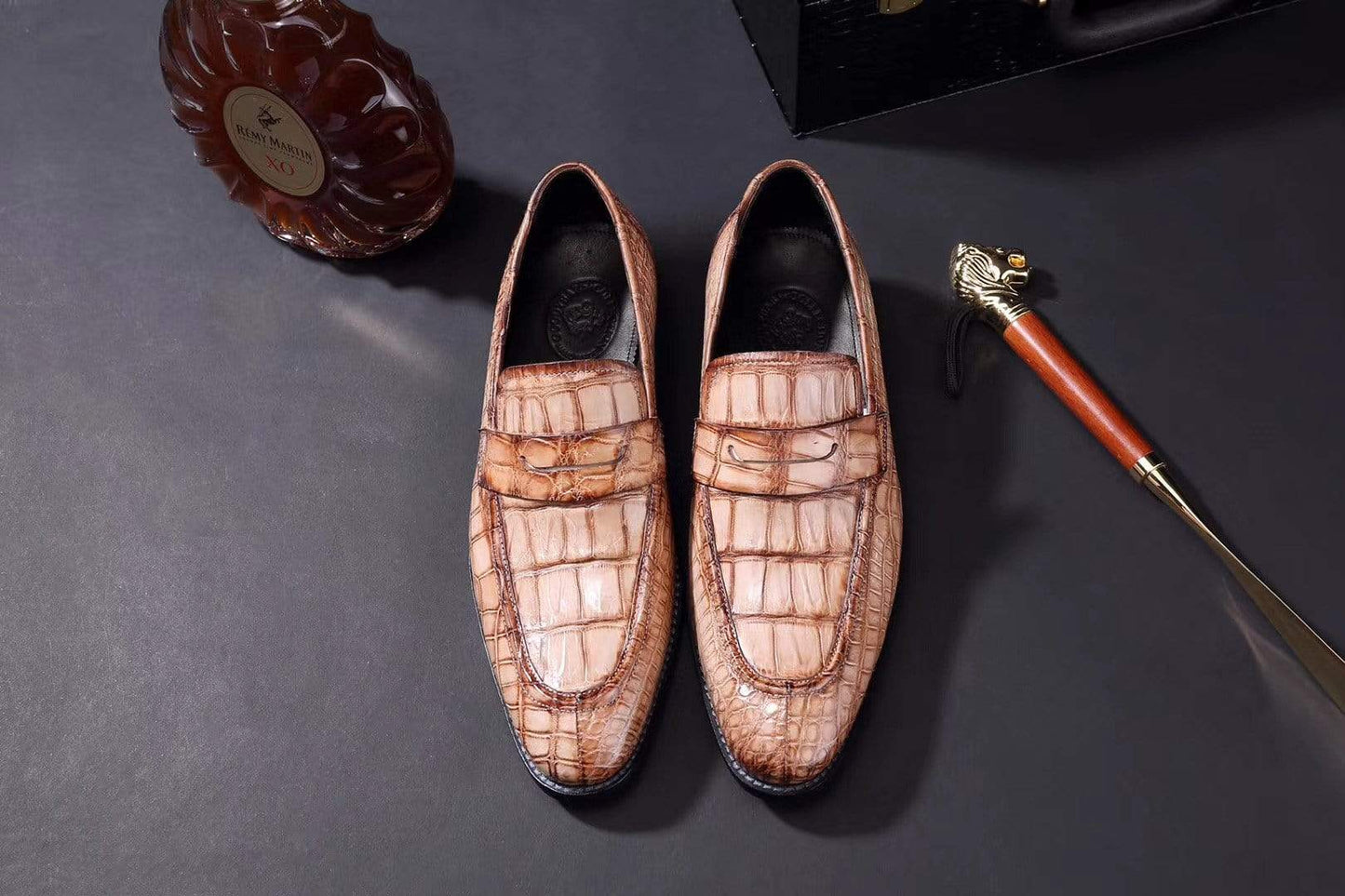 Mens crocodile leather penny loafer shoes by Rossie Viren, featuring a sleek design and textured crocodile pattern.