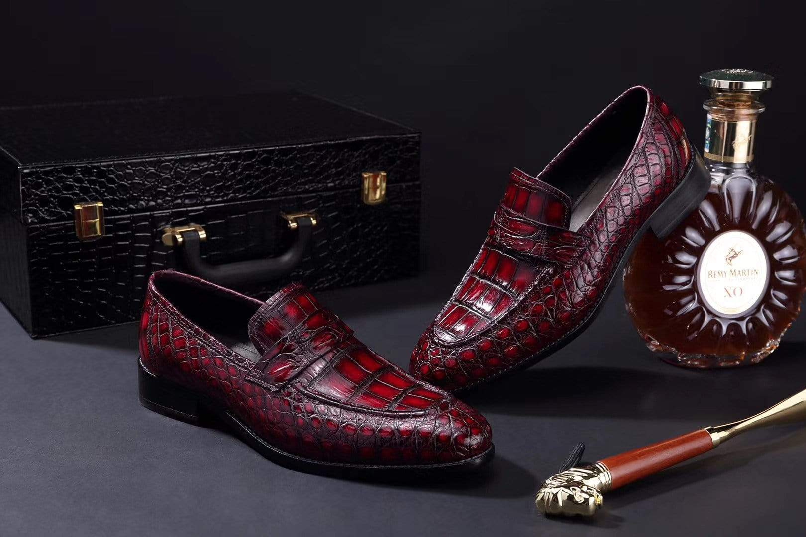 Crocodile Shoes Mens Crocodile Leather Penny Loafer Shoes Vintage Wine Red