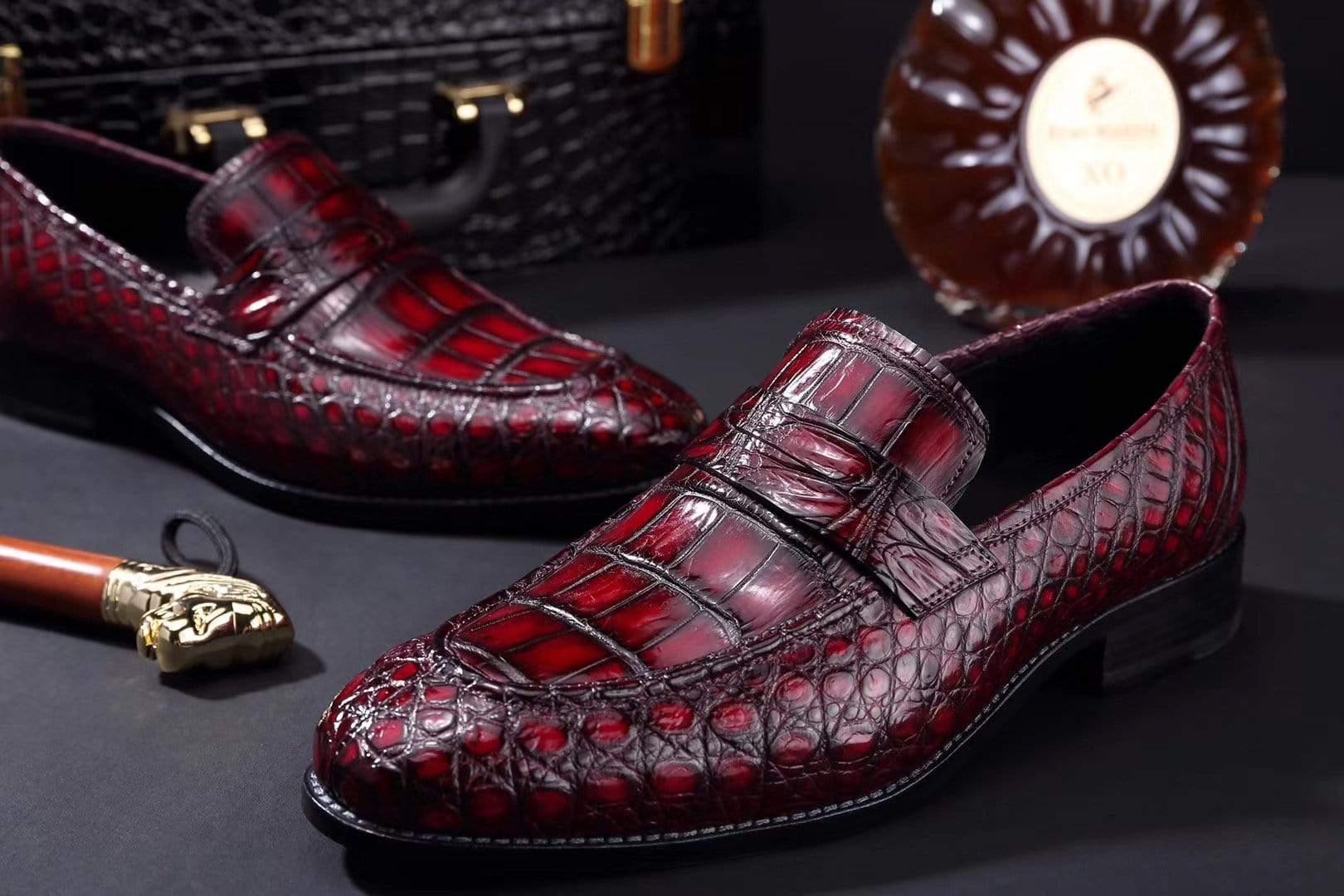 Crocodile Shoes Mens Crocodile Leather Penny Loafer Shoes Vintage Wine Red