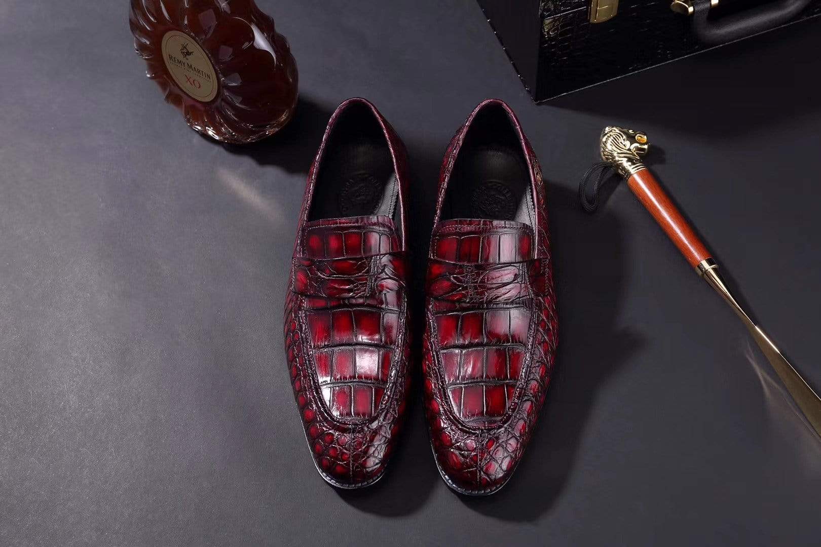 Crocodile Shoes Mens Crocodile Leather Penny Loafer Shoes Vintage Wine Red