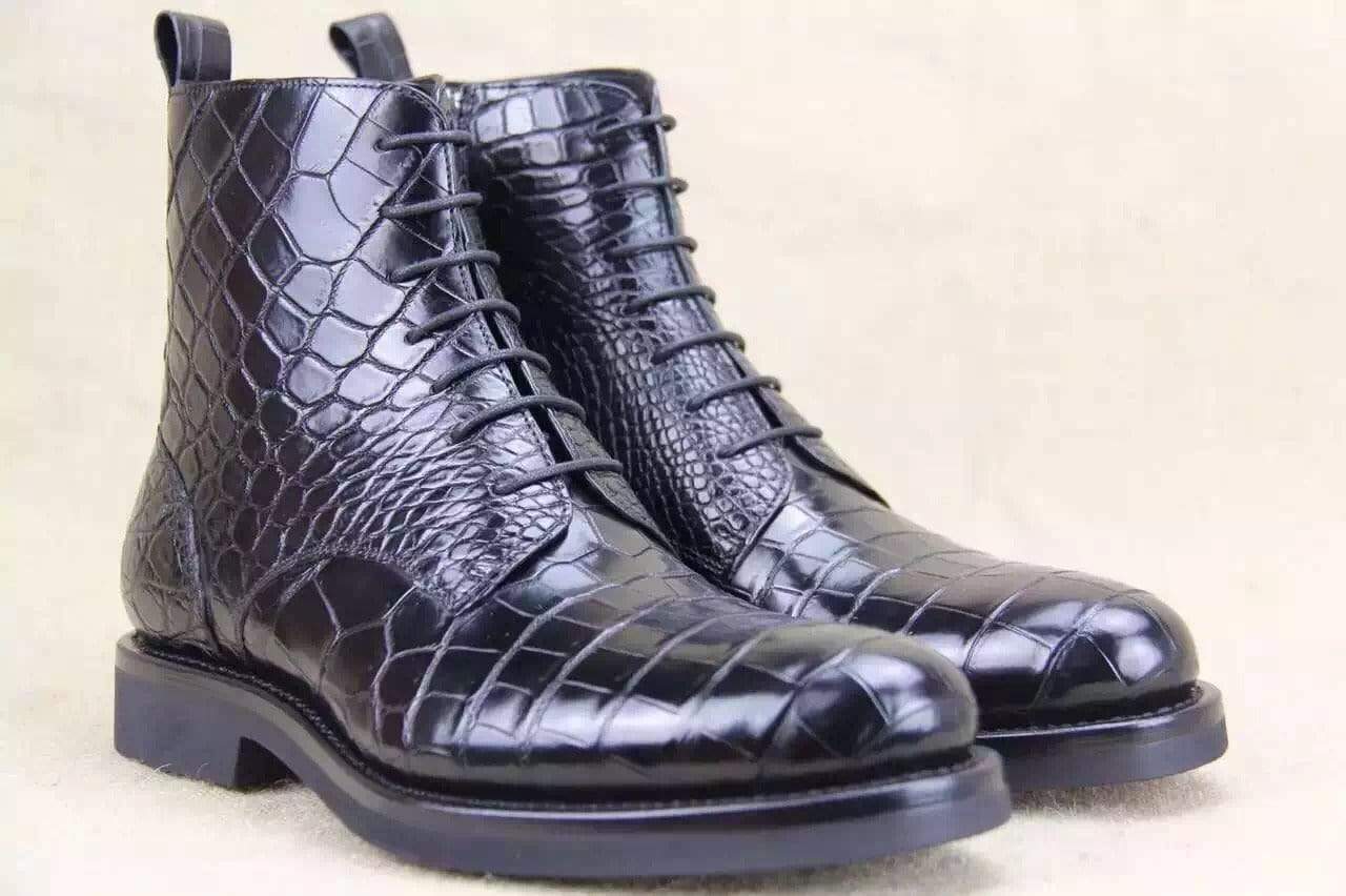 Crocodile Shoes Mens Crocodile Leather  Side Zipper  Lace Up  Boots