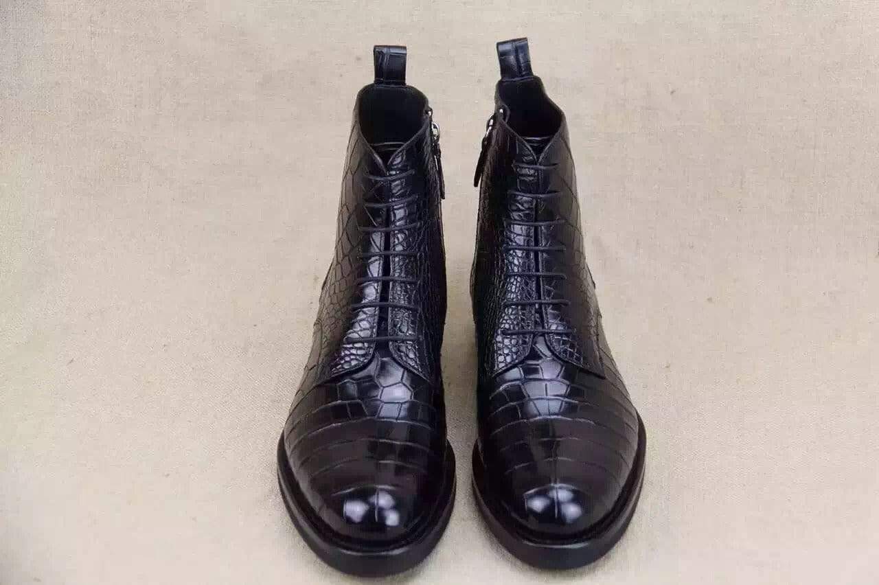 Crocodile Shoes Mens Crocodile Leather  Side Zipper  Lace Up  Boots