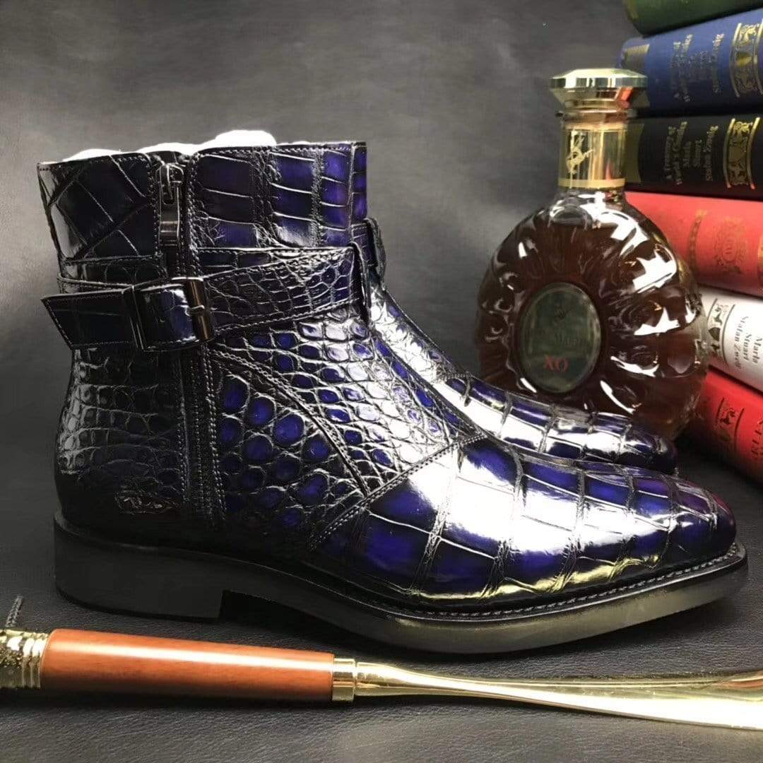 Crocodile Shoes Mens Crocodile Leather  Side Zipper Single Buckle  Boots
