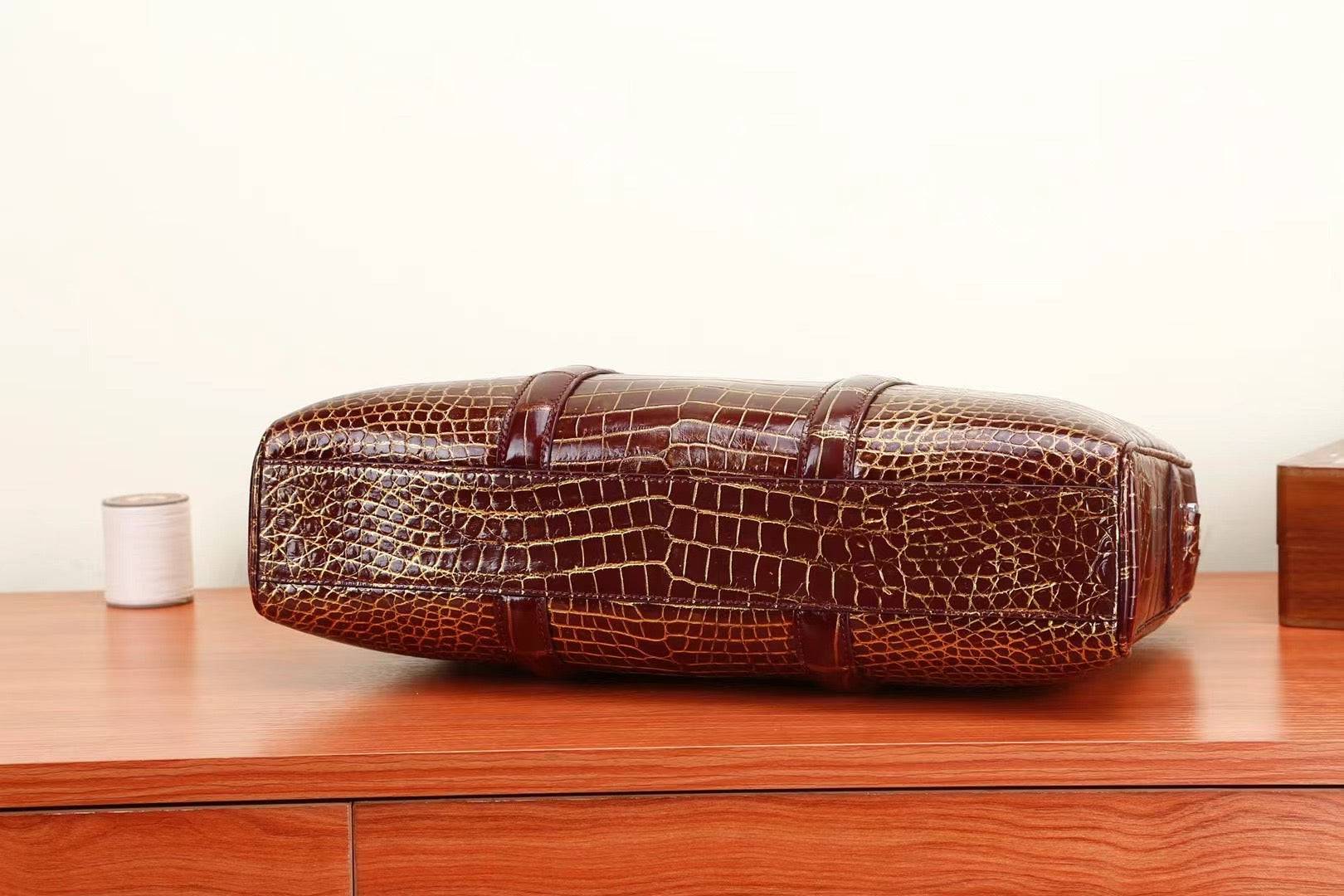 Mens Crocodile Skin Leather Briefcase Brown