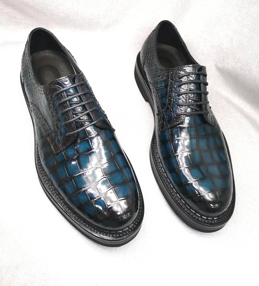 Crocodile Shoes Mens Genuine Crocodile Leather Derby Lace Up Dress Shoe Vintage Blue