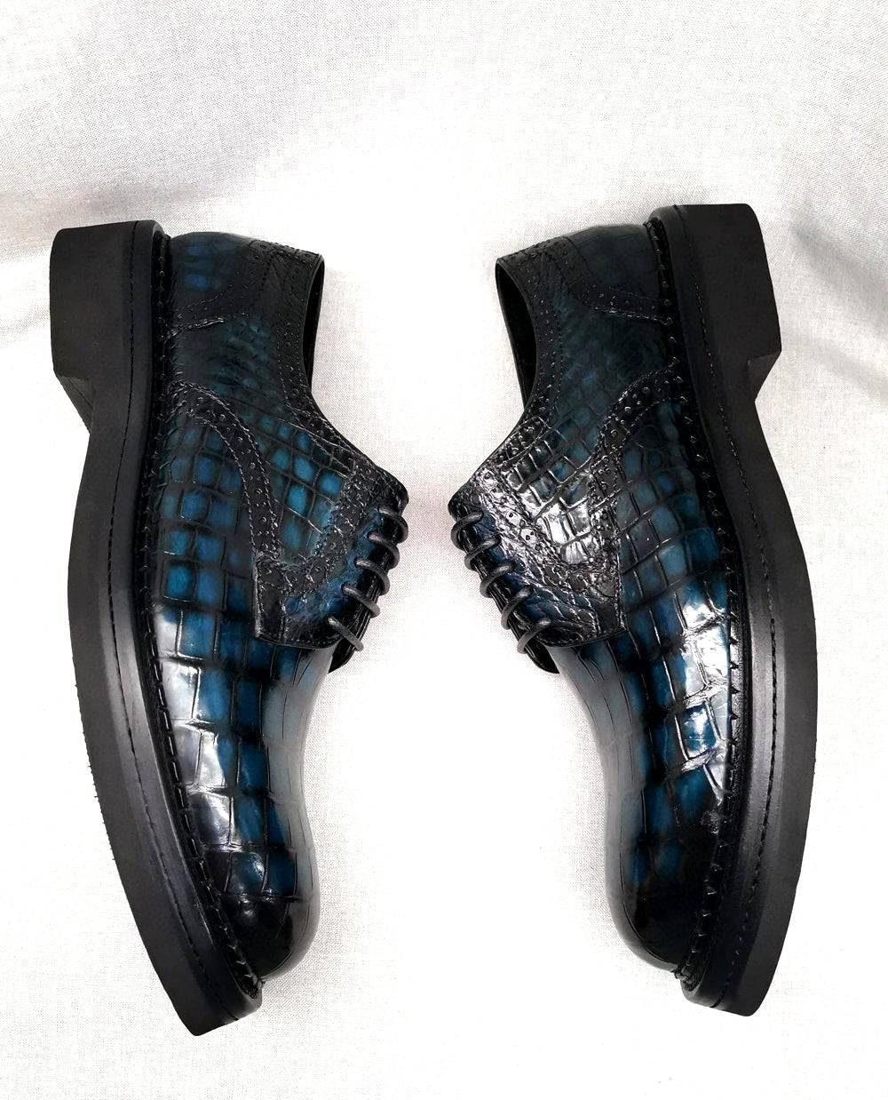 Crocodile Shoes Mens Genuine Crocodile Leather Derby Lace Up Dress Shoe Vintage Blue