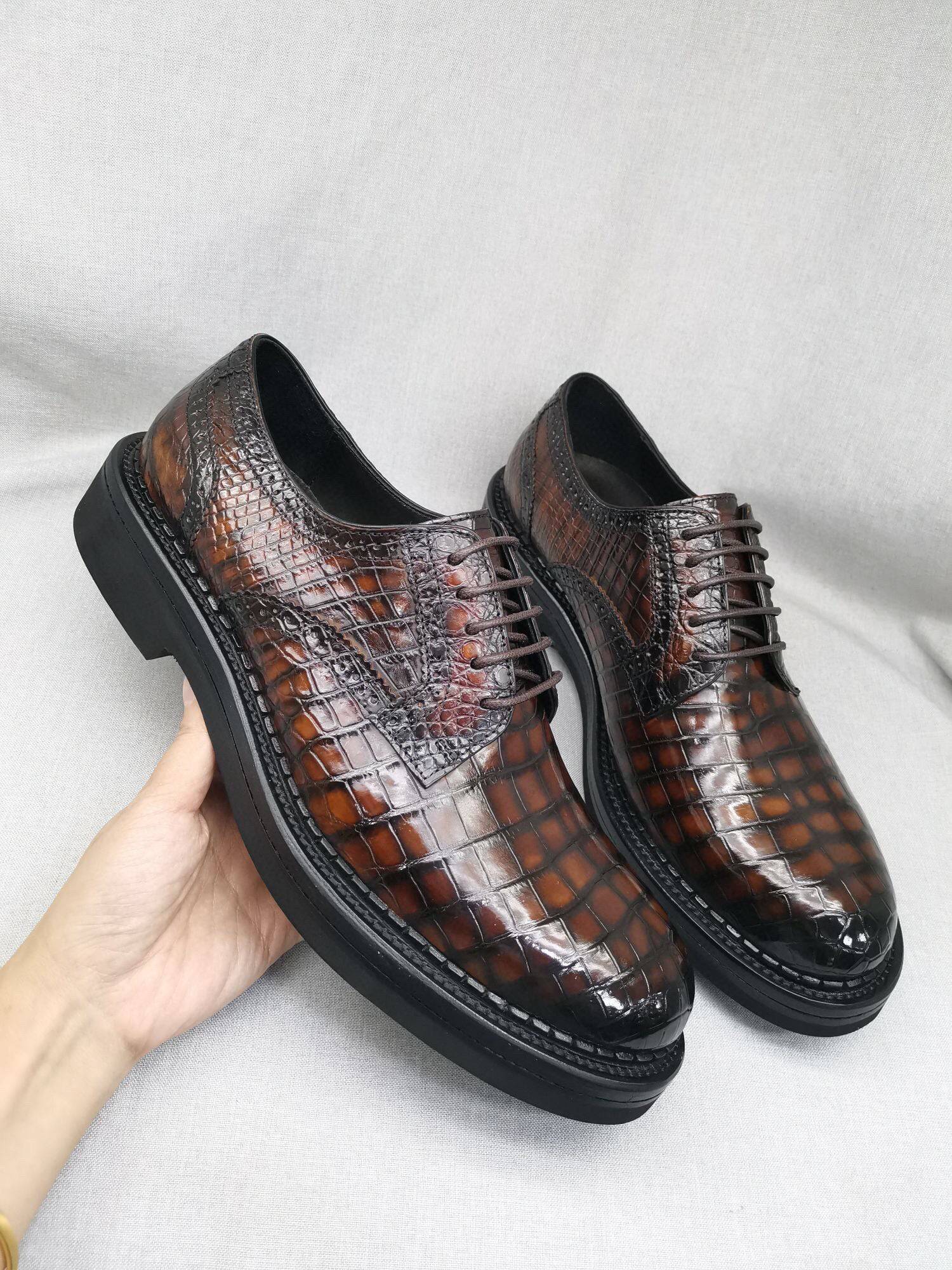 Crocodile Shoes Mens Genuine Crocodile Leather Derby Lace Up Dress Shoe Vintage Brown
