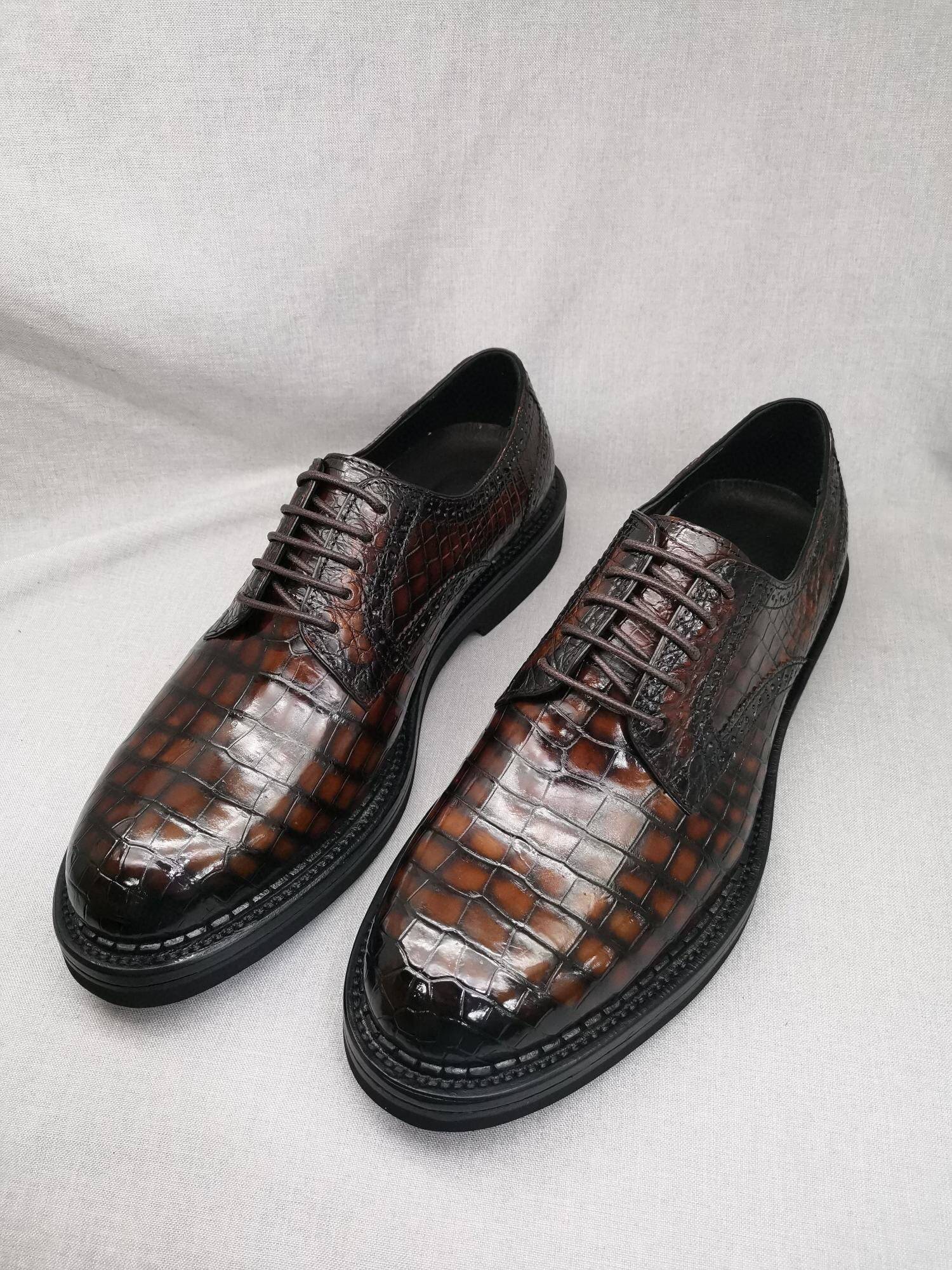 Crocodile Shoes Mens Genuine Crocodile Leather Derby Lace Up Dress Shoe Vintage Brown