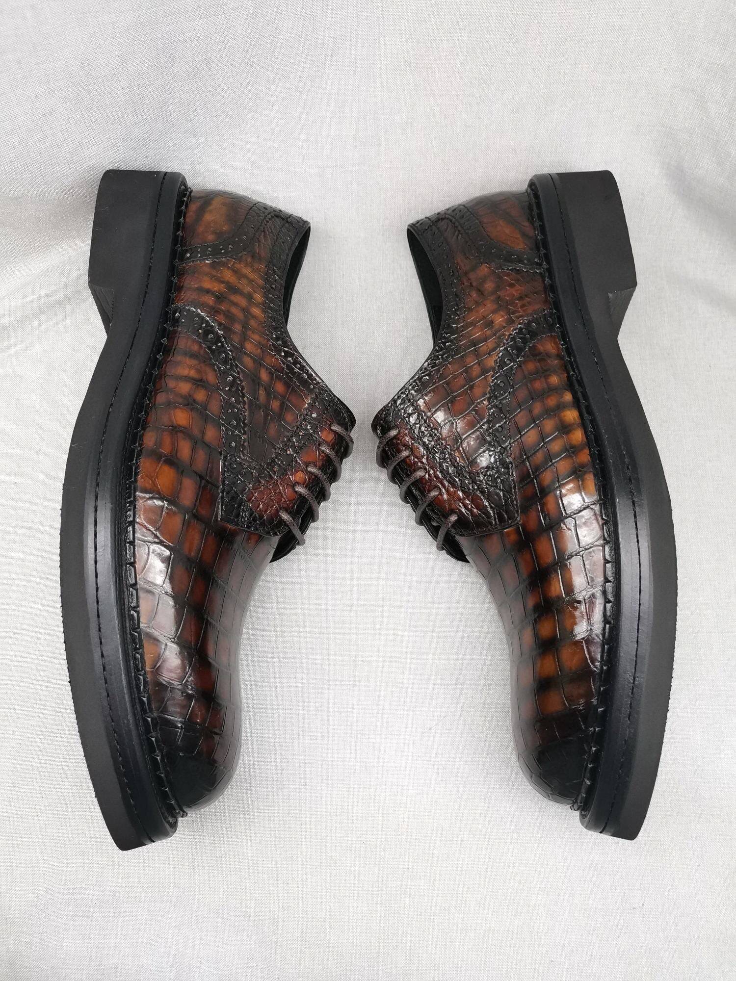 Crocodile Shoes Mens Genuine Crocodile Leather Derby Lace Up Dress Shoe Vintage Brown