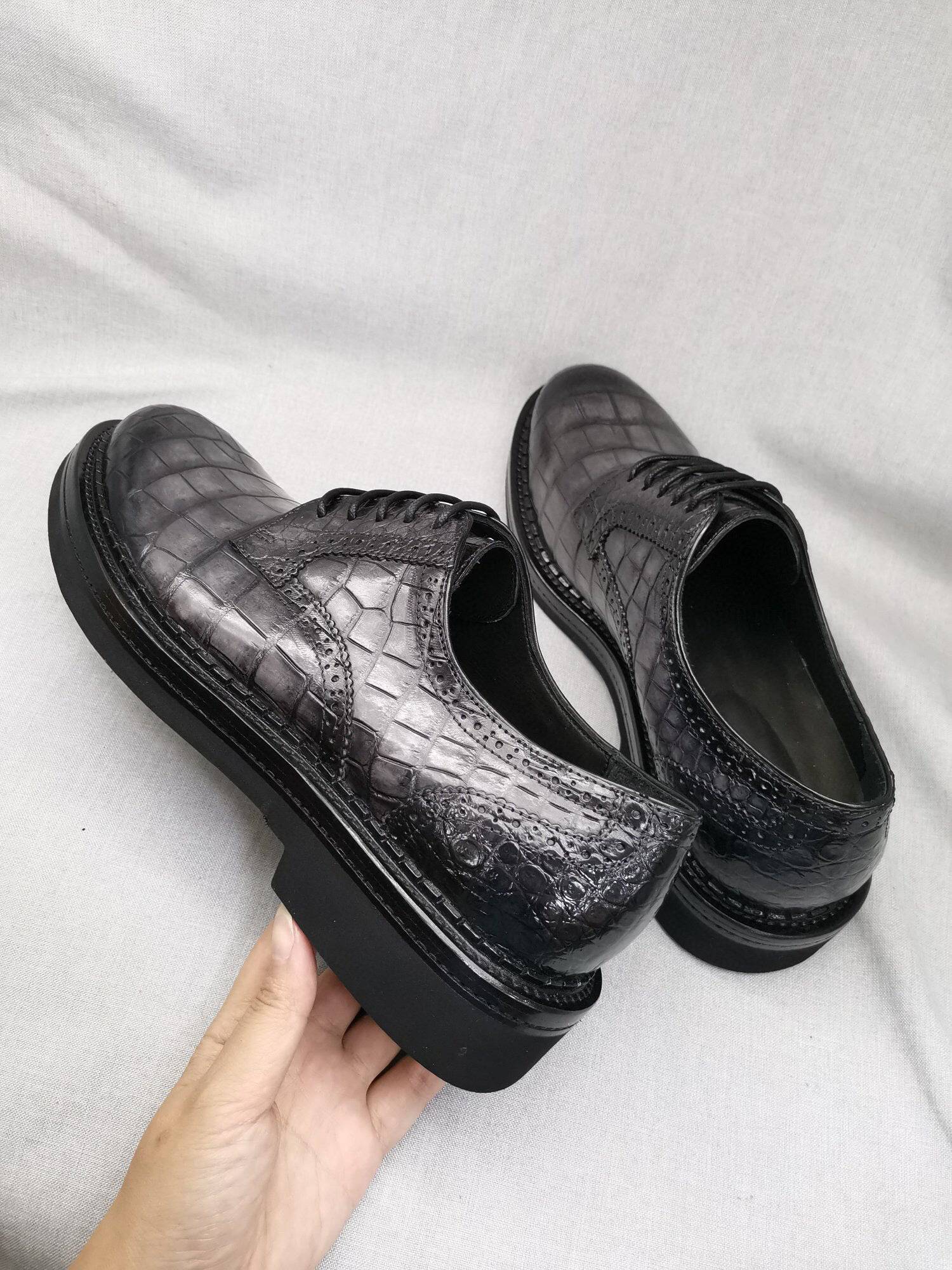 Crocodile Shoes Mens Genuine Crocodile Leather Derby Lace Up Dress Shoe Vintage Grey