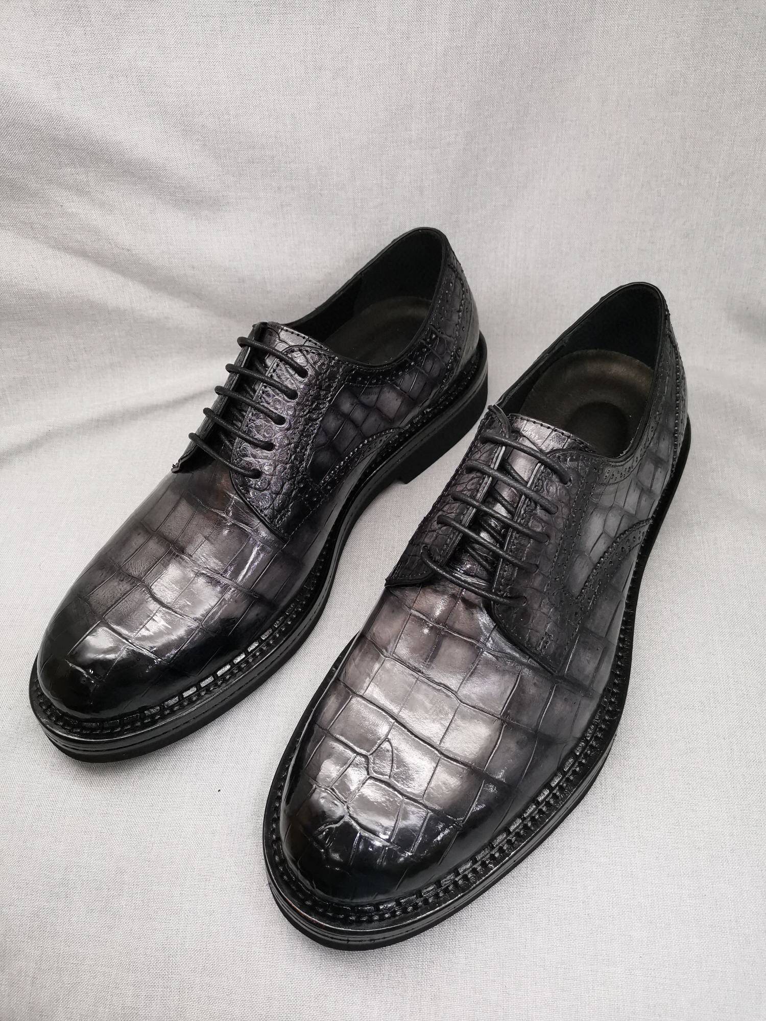 Crocodile Shoes Mens Genuine Crocodile Leather Derby Lace Up Dress Shoe Vintage Grey