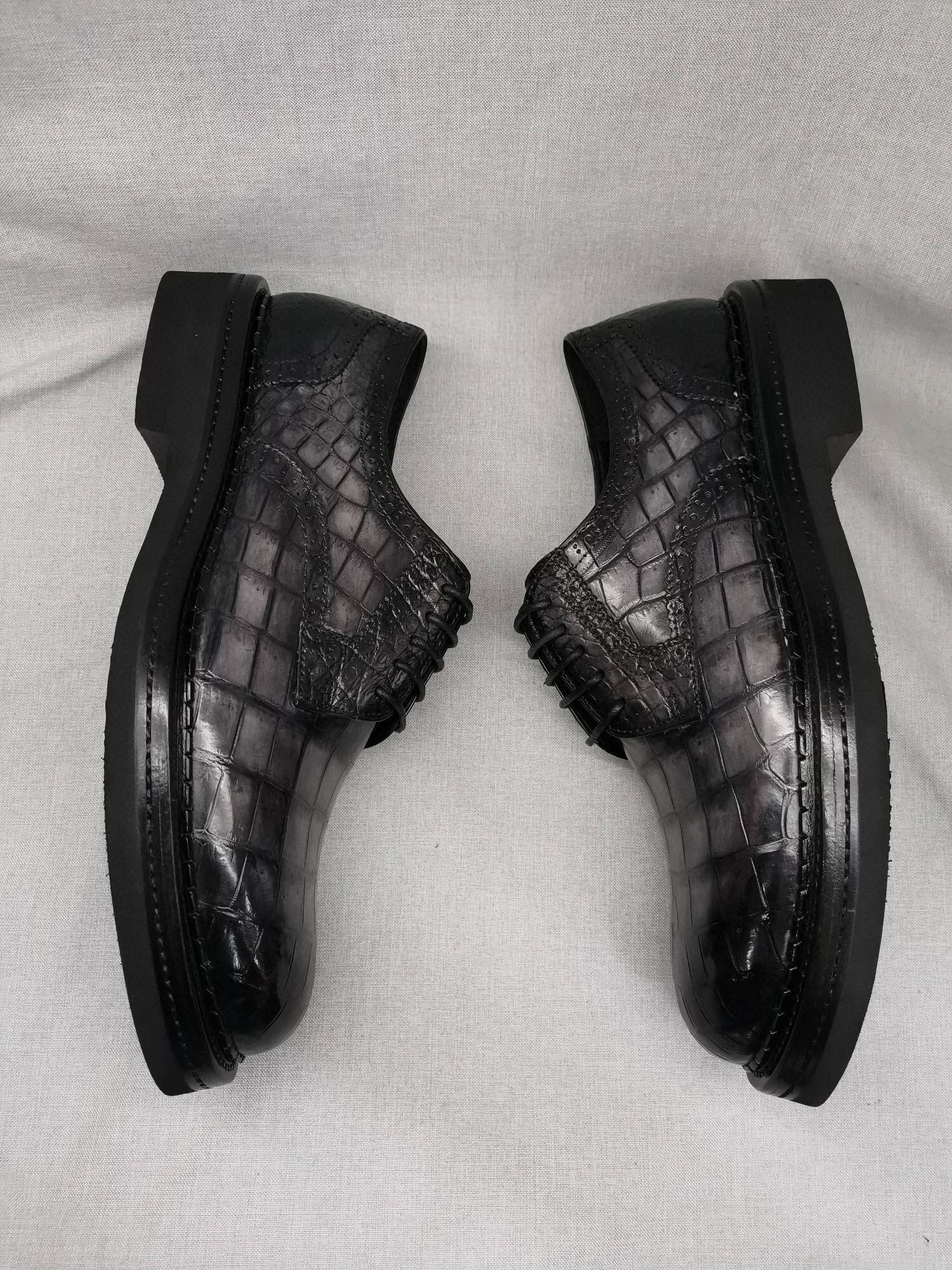 Crocodile Shoes Mens Genuine Crocodile Leather Derby Lace Up Dress Shoe Vintage Grey