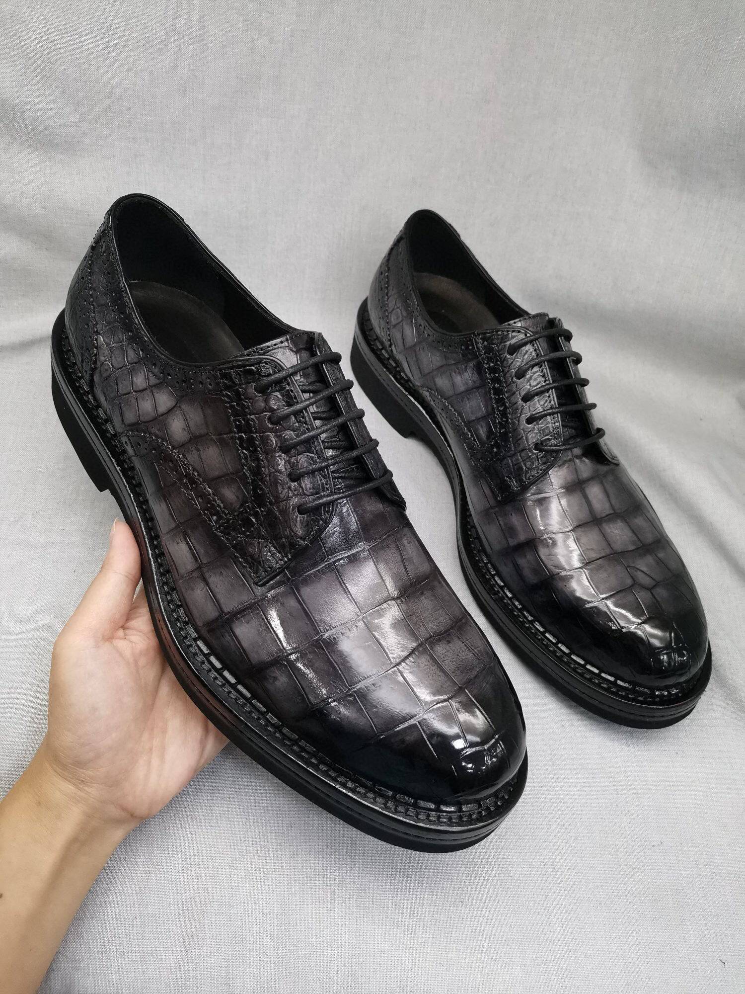 Crocodile Shoes Mens Genuine Crocodile Leather Derby Lace Up Dress Shoe Vintage Grey